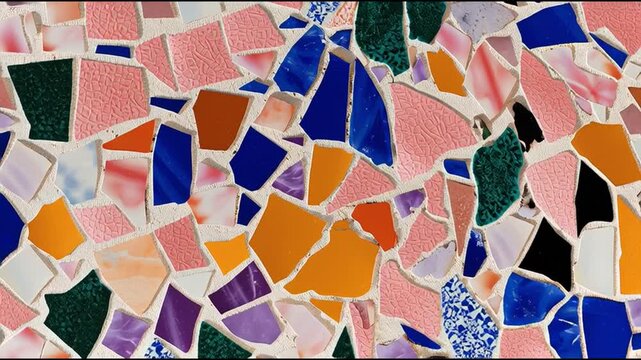Colorful mosaic design featuring a variety of textured tiles in vibrant shades and patterns