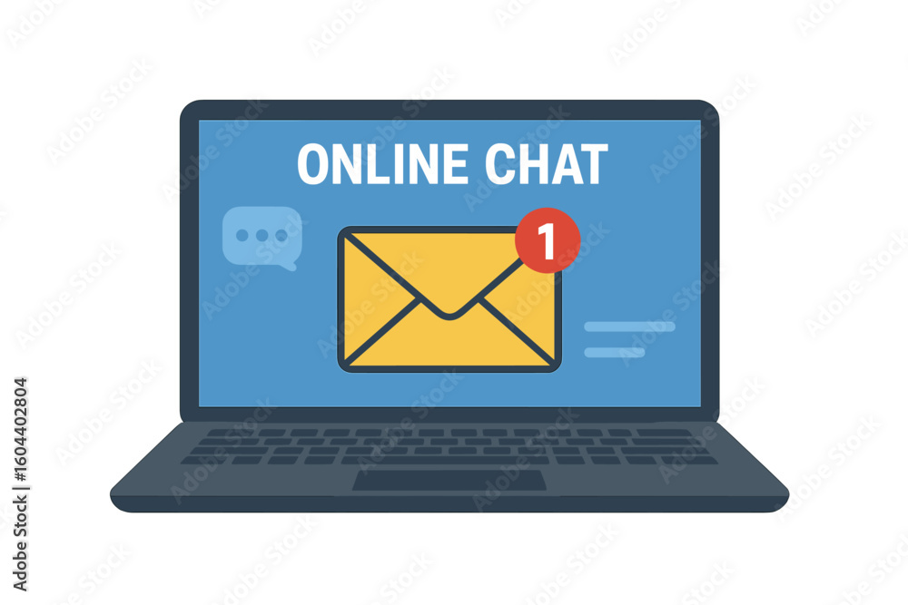 Poster new message on laptop screen vector illustration. unread email notification in inbox. online chat an