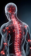 Human body with glowing red pain points on neural pathways illustrating pain or nerve stimulation, set against a dark blue background	