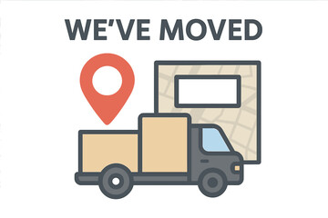 We've moved announcement card. Moving truck with cardboard boxes for a new address, new home, or office location. Relocation service, logistics, and delivery concept with map and pin.