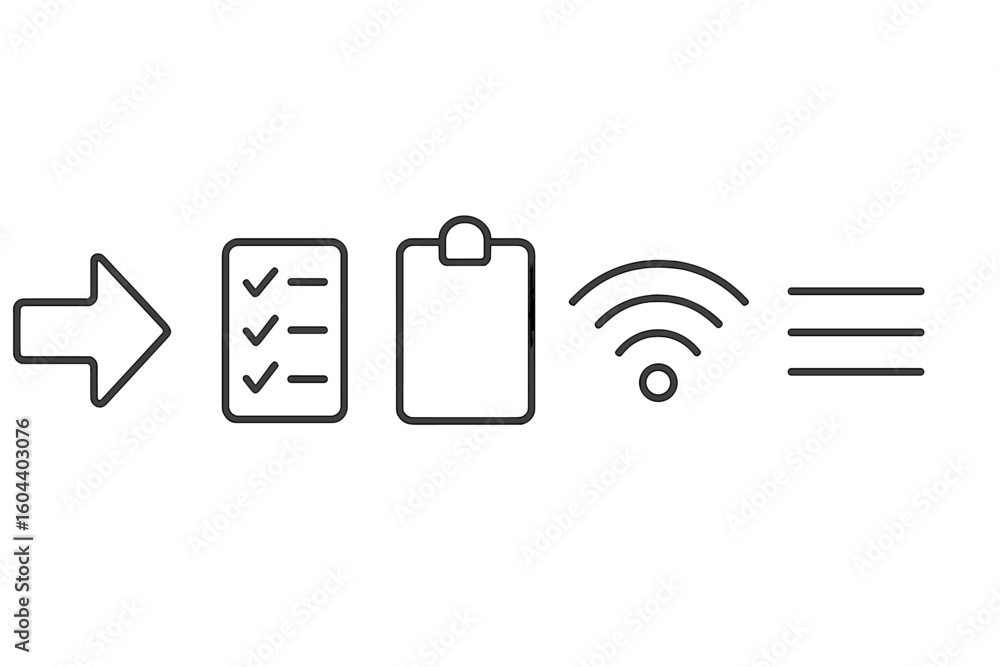 Poster ui ux icon set. minimal line icons. arrow, checklist, clipboard, wifi signal, menu. web design eleme