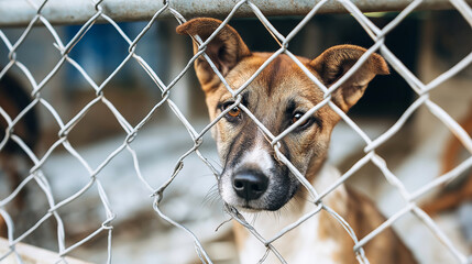 Mixed-breed dog behind metal fence in animal shelter. Close-up portrait of adult dog in kennel.