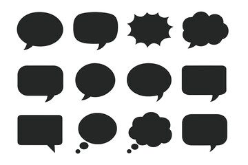 Black Silhouette Speech Bubbles Collection, Vector Set of Blank Comic Chat Balloons, Thought and Message Bubble Icons, Isolated Graphic Elements for Design on Transparent Background