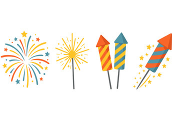 Firework collection vector set. Celebration explode. Festive pyrotechnic rocket launch and salute. Holiday party firecracker sparkler icon for New Year or 4th of July.