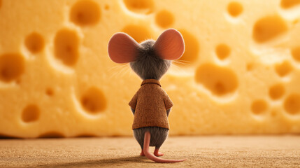 Mouse in shirt standing in front of large piece of cheese. 