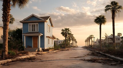 Coastal street scene with old house and palm trees at sunset