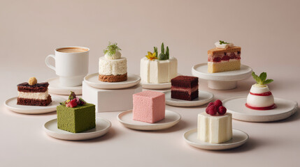 exquisite display of minimalist baked goods and desserts on clean pure background