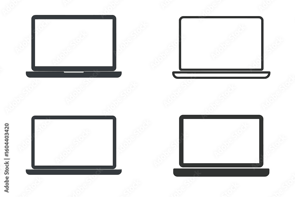 Fototapete Set of 4 laptop vector icons in different styles. Notebook computer monitor with blank screen for mockup. Flat, outline, and silhouette symbols for graphic design projects.