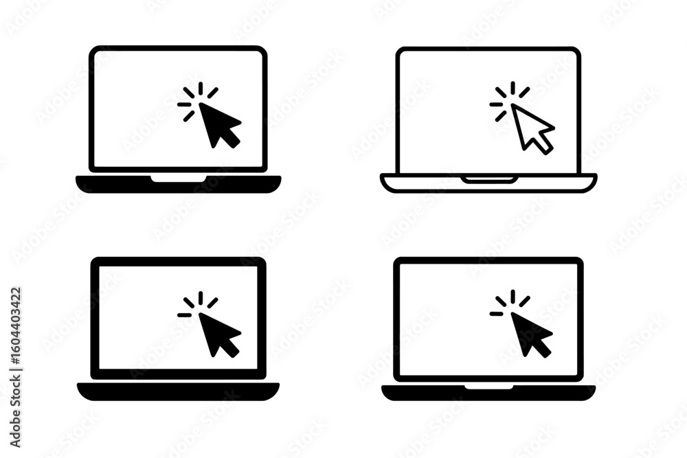 Poster Laptop click icon vector set. Computer screen with cursor pointer symbol collection. Notebook monitor for web design, website, or app. Online digital technology concept.