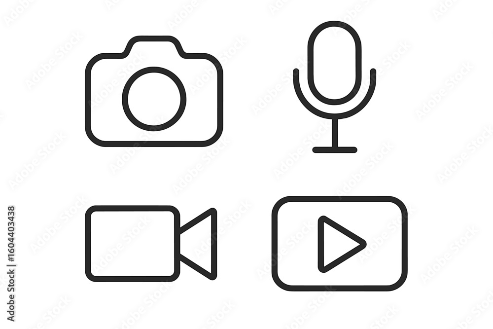 Poster media icon set with camera, microphone, video, and play symbols. minimalist line art for ui and ux d