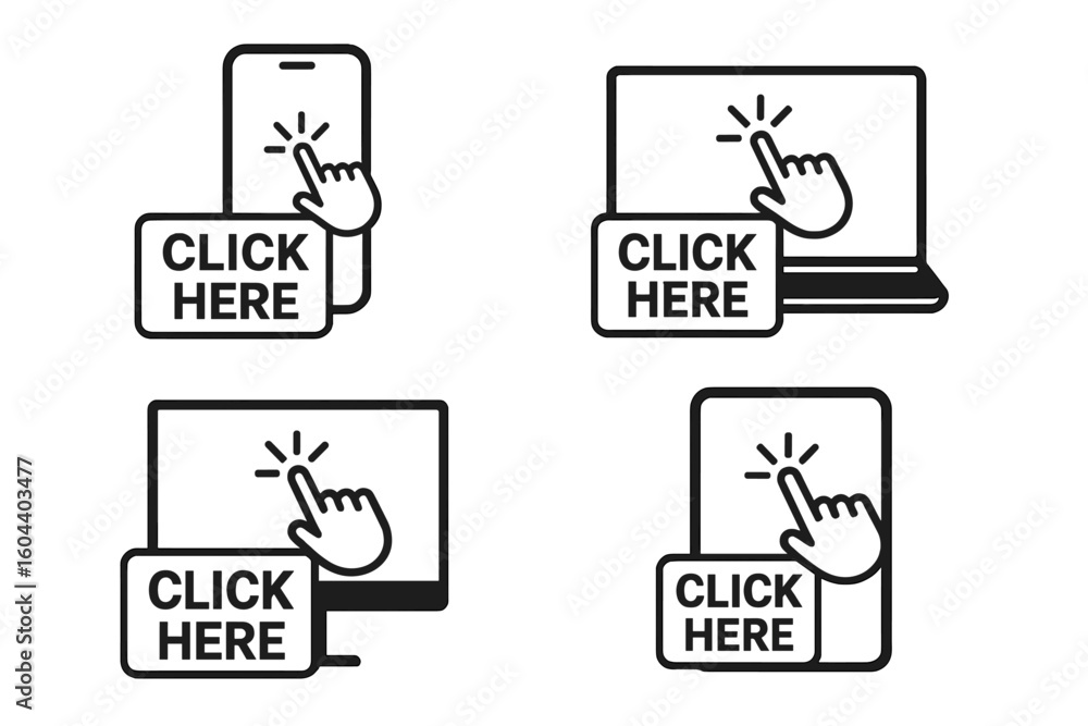 Poster click here button icon set with hand cursor on digital devices. smartphone, laptop, computer, tablet
