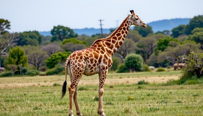 a giraffe standing in an open field with trees in the background