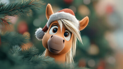 Cute horse character wearing Santa hat peeking through Christmas tree branches.