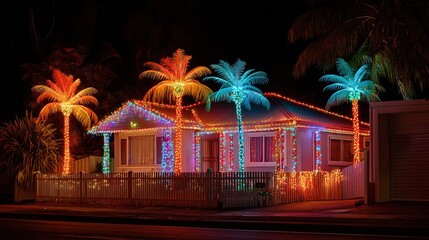 A house and palm trees decorated with colorful Christmas lights glowing brightly at night.