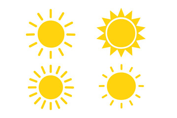 Fototapeta premium Sun icon vector set. Yellow summer sunburst symbols. Sunshine, sunlight, heat and sunrise graphic elements. Flat design illustration for logo, weather app, nature.