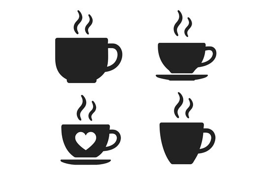 Coffee mug vector icons and tea cup silhouette set. Hot drink with steam and heart symbols for cafe logo, coffee shop branding, menu elements. Beverage pictogram collection.