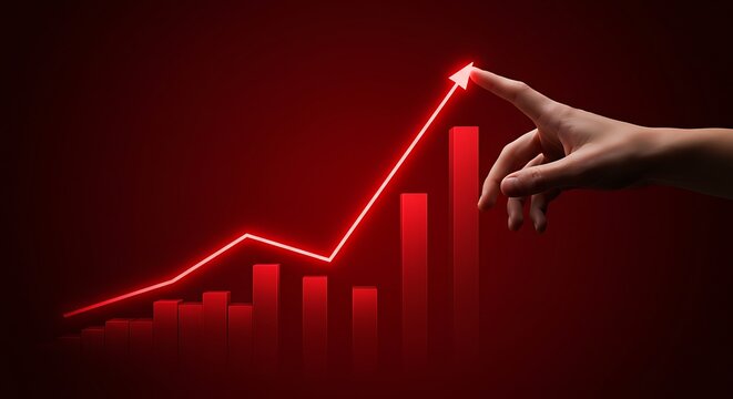 A hand touches a red line graph with an upward arrow indicating financial success and market progress - Powered by Adobe