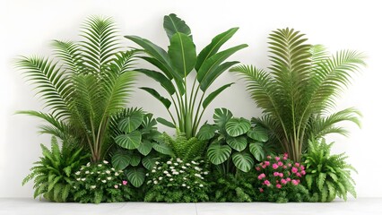 Lush tropical foliage arrangement with delicate blooms