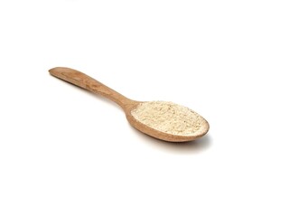 ginger powder on wooden spoon isolated on white background	