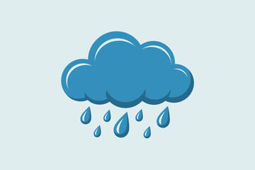 A cartoon illustration of a blue cloud with raindrops falling against a light gray background simple style