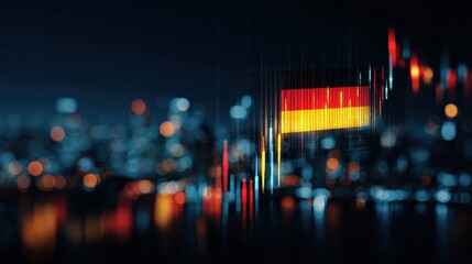 German Flag over city lights and market data, representing financial trends and the country's economic landscape