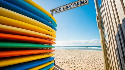 Colorful surfboards stacked near a beach rental shop under a bright blue sky.
