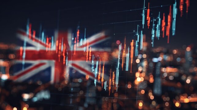 UK flag and financial chart overlayed, with city lights in the background, representing market trends