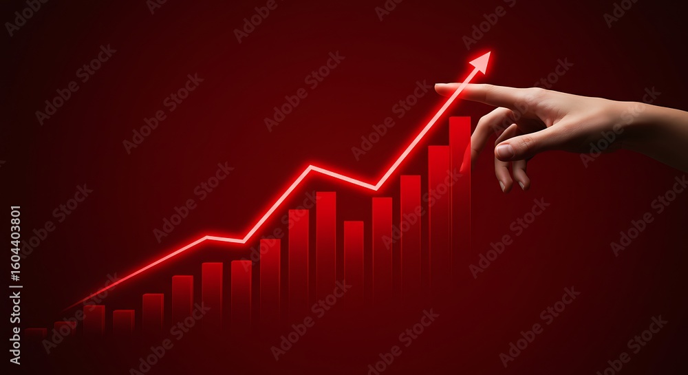 Poster a finger points to a red arrow on a bar chart signifying positive financial performance and market g