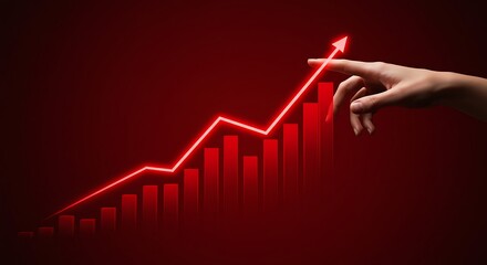 A finger points to a red arrow on a bar chart signifying positive financial performance and market growth