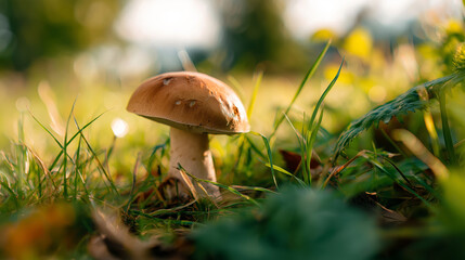 Single mushroom growing among green grass in sunlight.