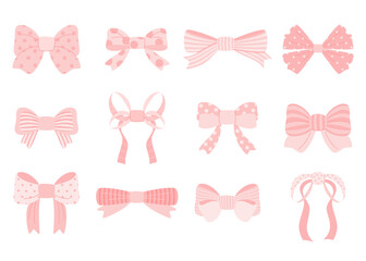 Large set of 12 elements. Elegant pink bows with polka dots and stripes. Vector illustration on a white background.
