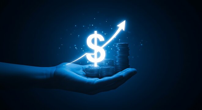 Hand holding glowing dollar sign with rising arrow and coins symbolizing financial growth and success