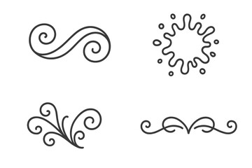 Elegant swirl ornament, ink splatter, and flourish divider vector set. Collection of 4 outline style design elements. Minimalist calligraphic scrolls for decoration.