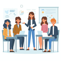 Image of students presenting with a simple and minimalist flat design using a white background