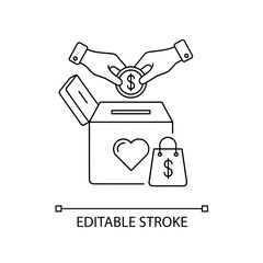 Hands placing dollar coin into donation box with heart and shopping bag icon