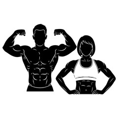 Silhouette of muscular man and woman flexing biceps and abdominal muscles