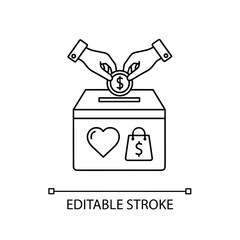 Hands putting dollar coin into donation box with heart and shopping bag icon