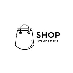 A minimalist shop logo with a shopping bag and the word shop and tagline here