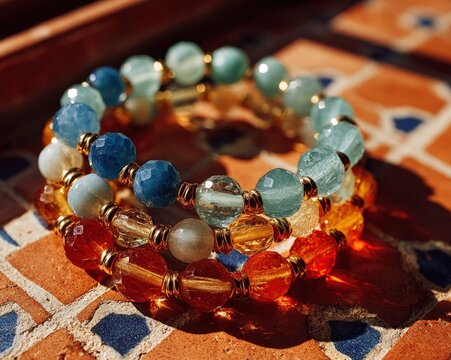 Sunlit beaded bracelets and anklets arranged in a spiral, symbolizing the circle of empowerment