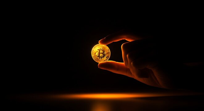 A hand holds a shining golden bitcoin coin in darkness symbolizing digital currency and investment