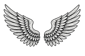Obraz premium Hand drawn detailed angel wings isolated on white background. Black and white tattoo style vector graphic. Emblem of freedom, power, heaven. Bird, eagle wing sketch.