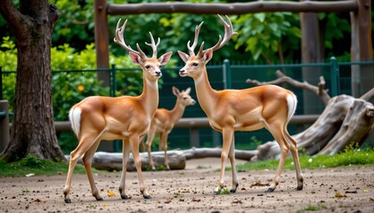 in the center of the image, there are three deer standing on a dirt ground with trees in the background