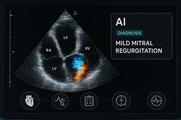 A heart ultrasound scan provides real-time images of cardiac function. Ultrasound heart image showing mild mitral regurgitation diagnosis with labeled heart chambers