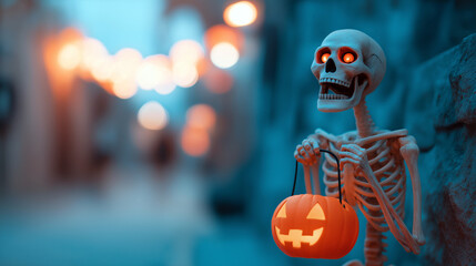 Skeleton holding glowing jack-o'-lantern bucket on night street decorated with orange lights.
