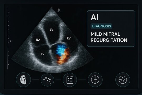 A heart ultrasound scan provides real-time images of cardiac function. Ultrasound heart image showing mild mitral regurgitation diagnosis with labeled heart chambers