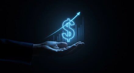 Hand holding glowing dollar sign with rising bar graph and arrow symbolizing financial growth and success