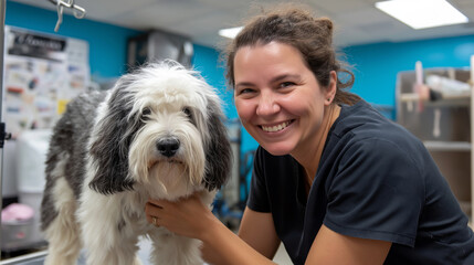 Woman groomer with shaggy dog in veterinary grooming salon.