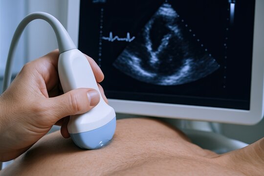 A heart ultrasound scan provides real-time images of cardiac function. A medical professional performs an ultrasound scan on a patient's abdomen