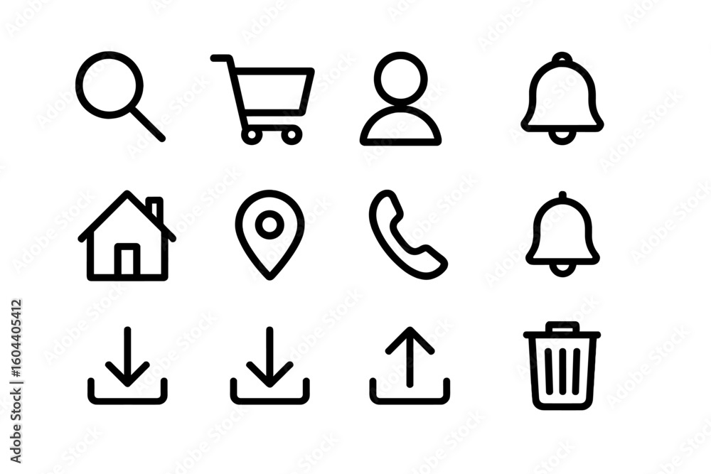 Poster web icon set for ui ux design. thin line icons for website and mobile app. includes search, cart, us