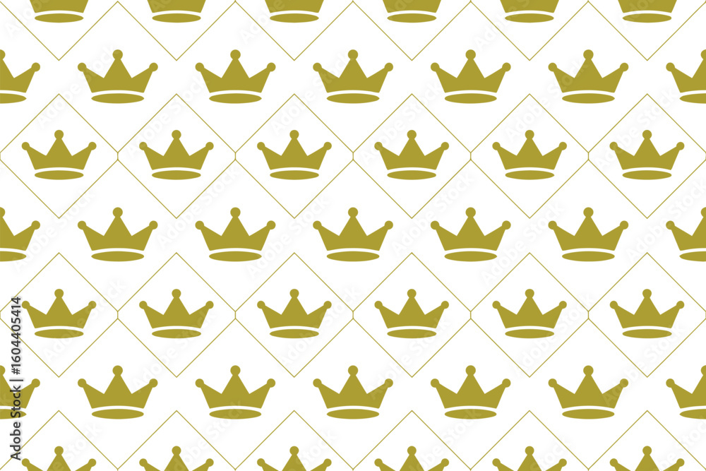 Poster repeated pattern of golden crowns arranged within diamond shapes on a white background creates a reg